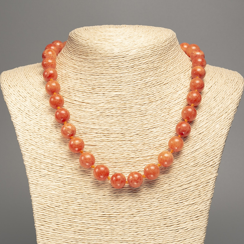 Necklace of Orange Coral Smooth Beads, 12 mm diameter, approx. 50 cm long, made from white jade (synthetic dyed)