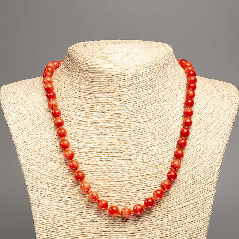 Necklace Beads "Red Coral" Smooth Round Bead, diameter 8mm±, length 50cm±, made of White Jade (synthetic dyed)