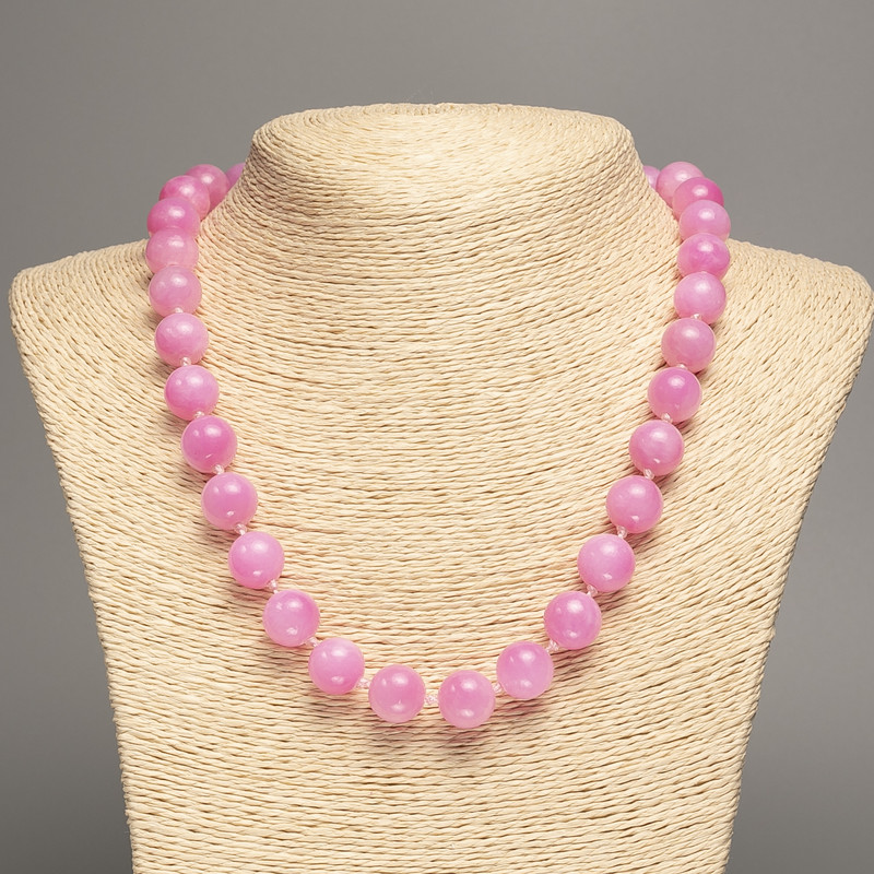 Necklace "Rose Quartz" Smooth Beads, 12mm diameter ±, length 50cm ± with natural white jade (synthetically dyed)