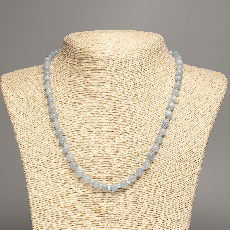 Necklace Gray-blue Aquamarine Smooth Bead 6mm diameter ±, 50cm length ± with White Jade (synthetic dyed)