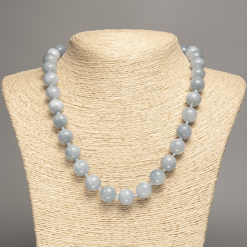 Necklace Aquamarine Gray-Blue Smooth Beads, 12 mm dia. ±, 50 cm length ±, made of white jade (synthetic dyed)