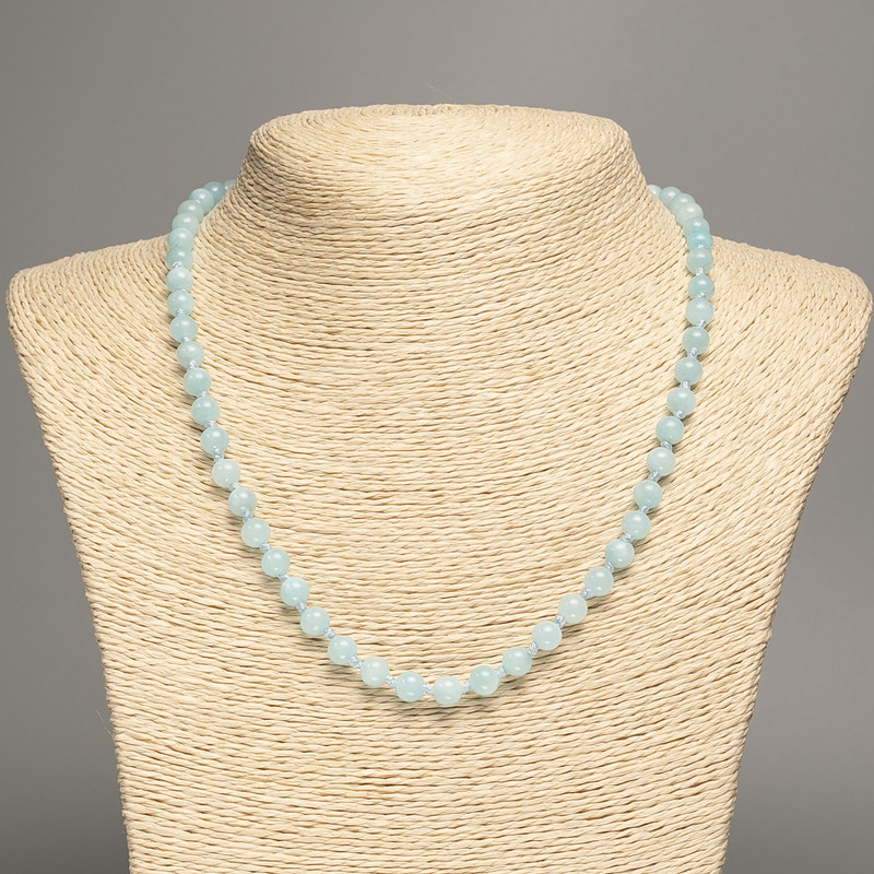 Necklace Light Blue Aquamarine, Smooth Beads 6mm ±, 50cm ±, Made from White Jade (synthetically dyed)