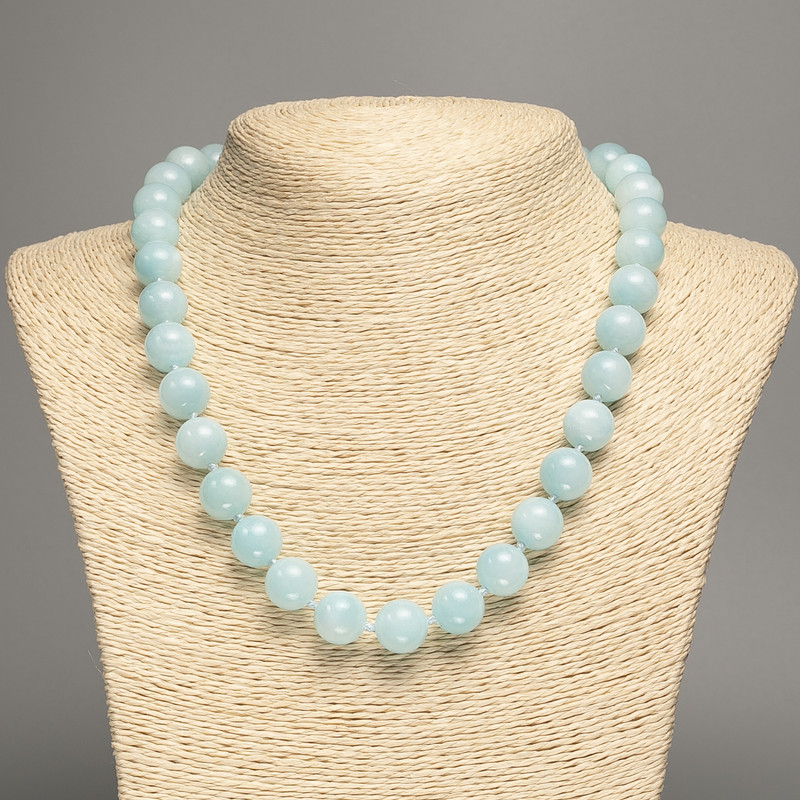 Necklace Light Blue Aquamarine Smooth Bead, 12 mm diameter ±, 50 cm length ±, made of white jade (synthetic dyed)