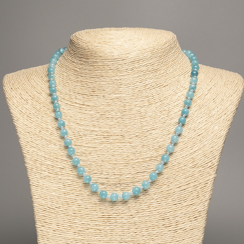 Necklace Blue Aquamarine Smooth Round Beads 6mm ±, 50cm ± length, made of white jade (synthetic dyed)