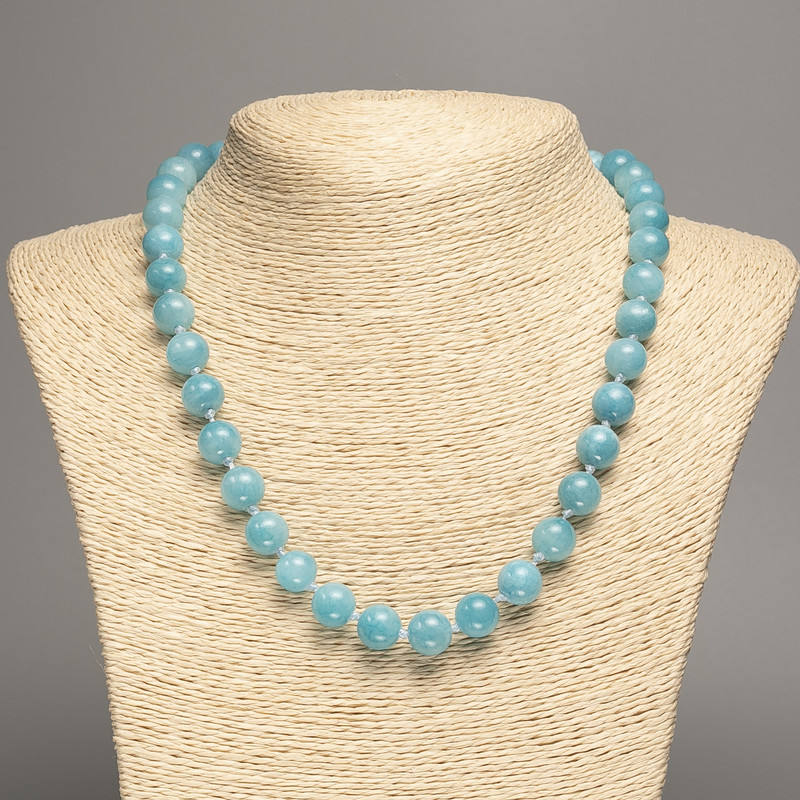 Blue Necklace "Aquamarine" smooth beads, diameter 10mm±, length 50cm± made of white jade (synthetic dyed)