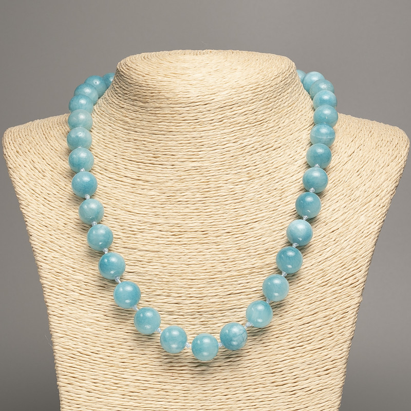 Necklace Blue Aquamarine Smooth Bead, 12mm Ø, 50cm length, synthetic colored white nephrite beads