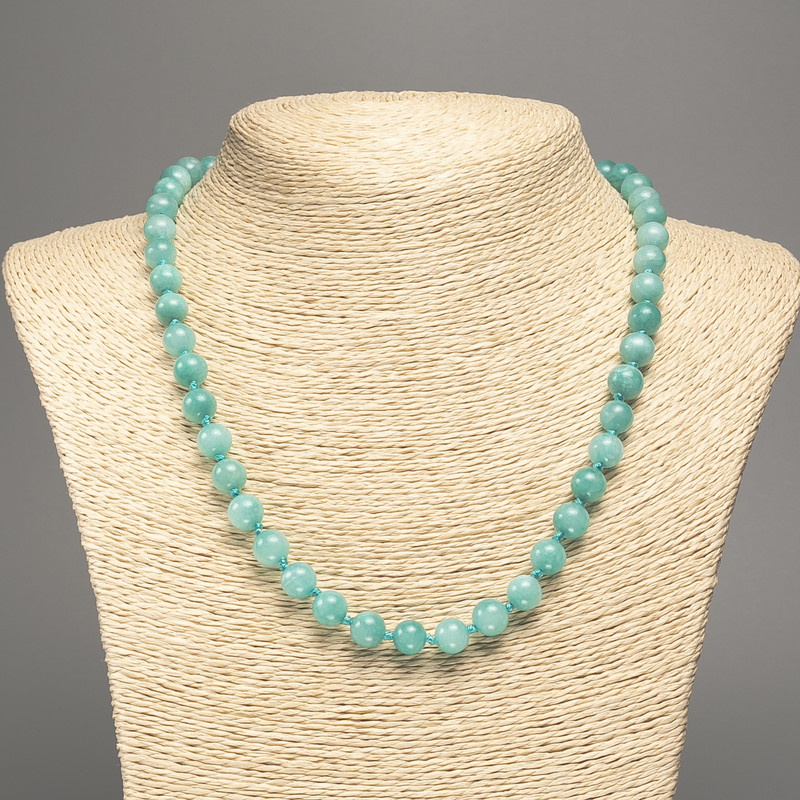 Necklace light green “Aquamarine” smooth ball, diameter 8mm±, length 50cm± with stone white jade (synthetic dyed)