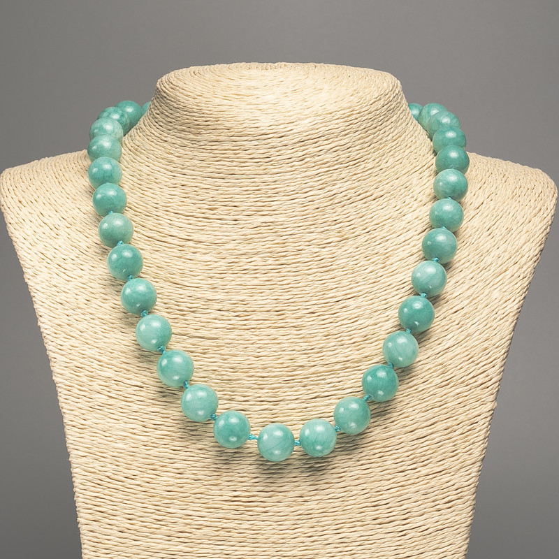 Necklace light green "Aquamarine" smooth bead, diameter 12mm±, length 50cm± with white jade stone (synthetic dyed)
