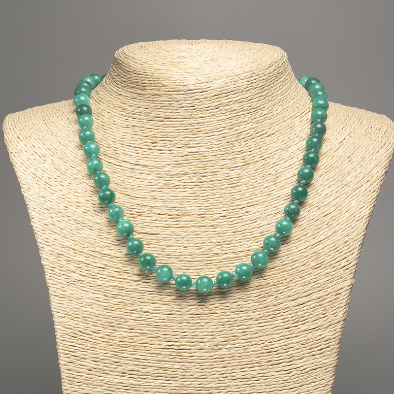 Necklace Green "Aquamarine" smooth sphere beads, diameter 8mm±, length 50cm±, made from white jade (synthetic dyed)