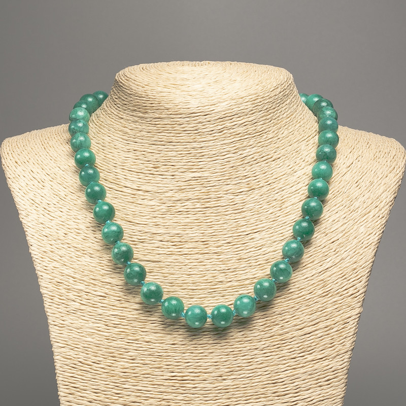 Necklace Green "Aquamarine" smooth beads, diameter 10mm ±, length 50cm ± with white jade (synthetic dyed)