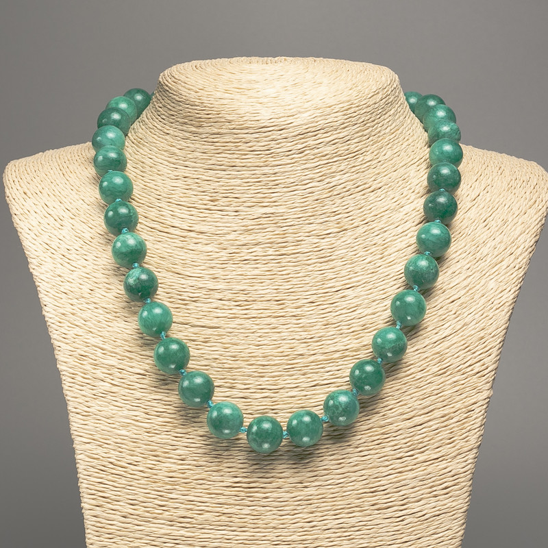 Necklace Green "Aquamarine" Smooth Bead, diameter 12mm±, length 50cm±, made of white jade stone (synthetic dyed)