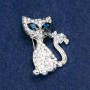 Brooch Cat with White and Blue Rhinestones, Silver Metal 37x26mm