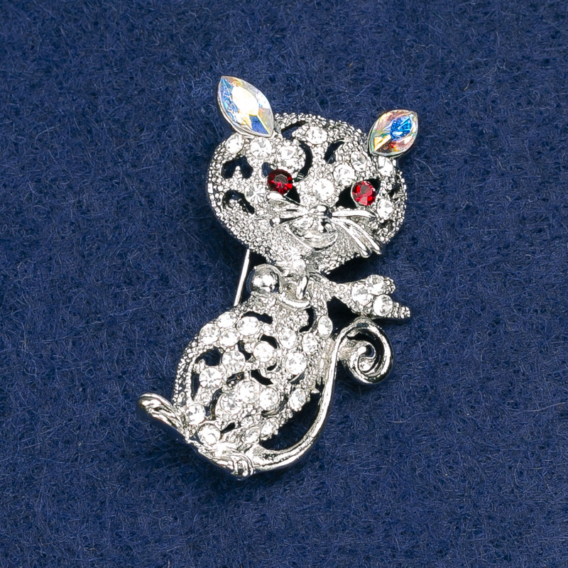 Brooch Cat with white, pink and red rhinestones, silver metal 40x25mm