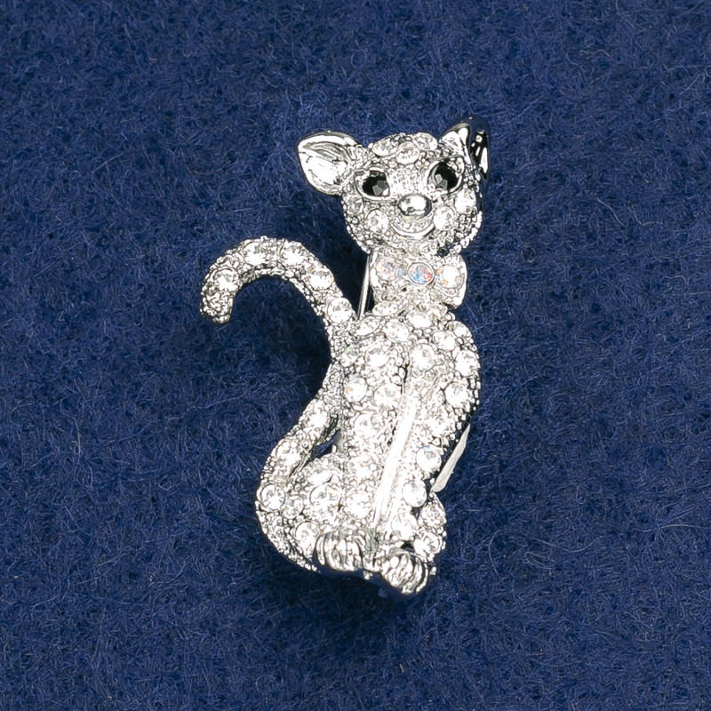 Brooch Cat with white and pink rhinestones, silver metal 37x21mm