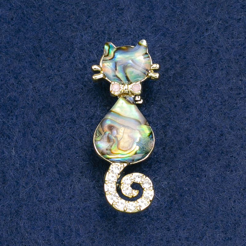 Brooch Cat Chalcedony with White Crystals, Golden Metal 38×15mm