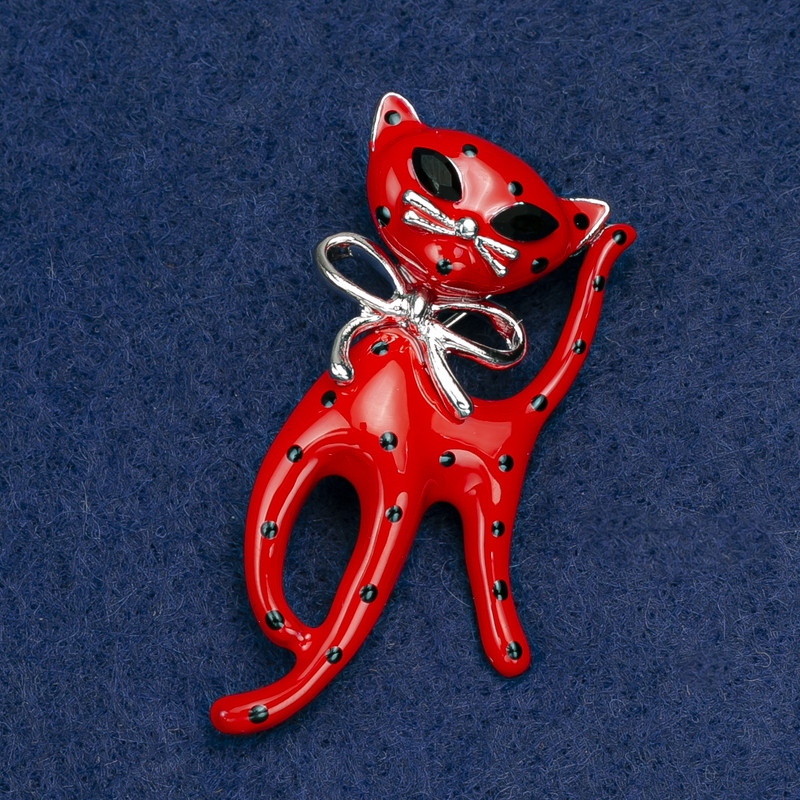 Brooch Cat Acrylic Red and Black, Silver Metal 53x25mm