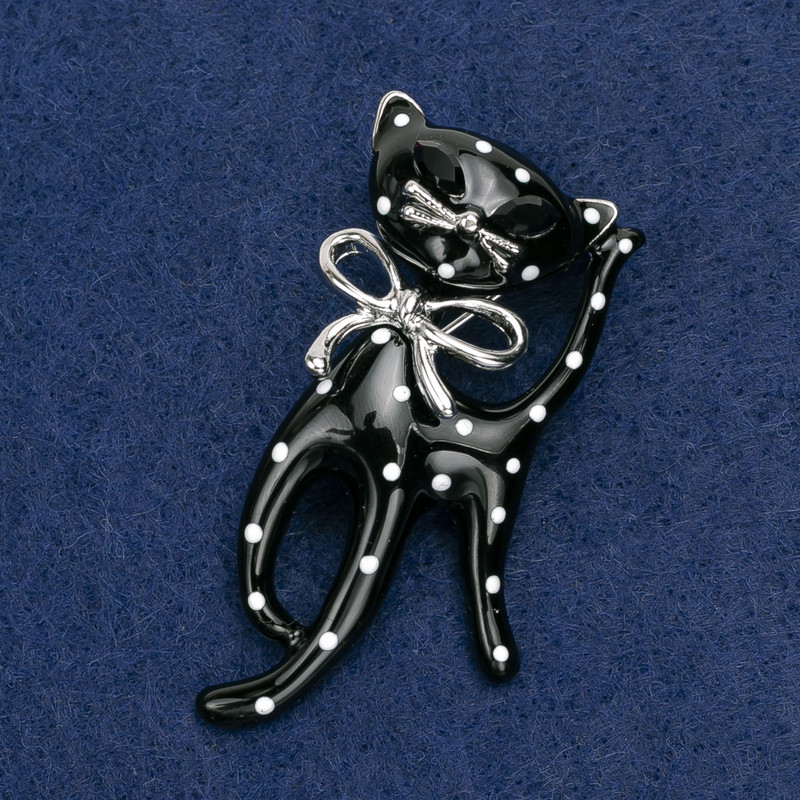Brooch Cat acrylic in white and black, silver metal 53×25mm