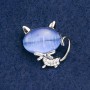 Brooch Cat, cat's eye blue with white crystals, silver metal 24x23mm