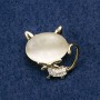 Brooch Cat with White Cat's Eye Stone and White Rhinestones, Golden Metal 24x23mm