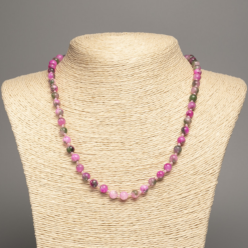 Necklace "Colors of Summer" white green raspberry smooth bead, diameter 6mm±, length 50cm±, made of white jade (synthetically dyed)