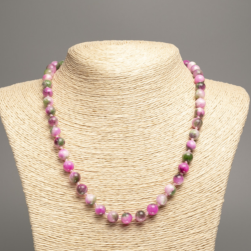 Necklace “Colors of Summer” white-green raspberry smooth beads, diameter 8mm±, length 50cm±, made of white jade (synthetic dyed)