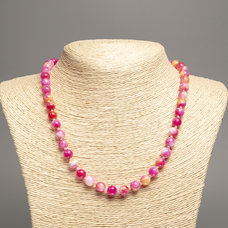 Necklace “Colors of Summer” white-pink-cinnamon smooth beads, diameter 8mm±, length 50cm±, made of white jade (synthetic dyed)