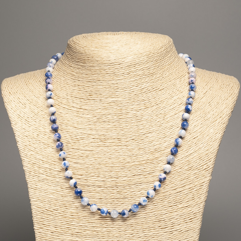 Necklace "Colors of Summer" white-blue smooth beads, diameter 6mm±, length 50cm±, made of white jade (synthetic dyed)