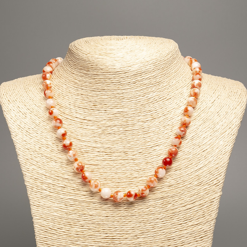 Necklace "Colors of Summer" white-rust smooth beads, diameter 8mm±, length 50cm±, made from white jade (synthetic dyed)