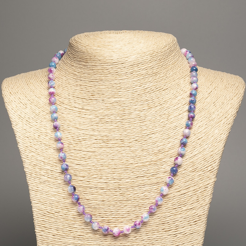 Necklace “Colors of Summer” white, pink, and blue smooth beads, 6mm diameter, length 50cm, with synthetic dyed mother of pearl (white jade)
