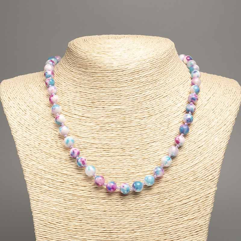 Necklace "Summer Colors" white, raspberry, blue glass beads with smooth round 8mm beads, length 50 cm ±, made of white jade (synthetic dyed)
