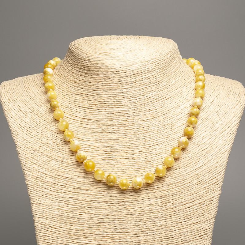 Necklace “Colors of Summer” white–mustard smooth beads, diameter 8 mm±, length 50 cm±, made of white jade (synthetic dyed)