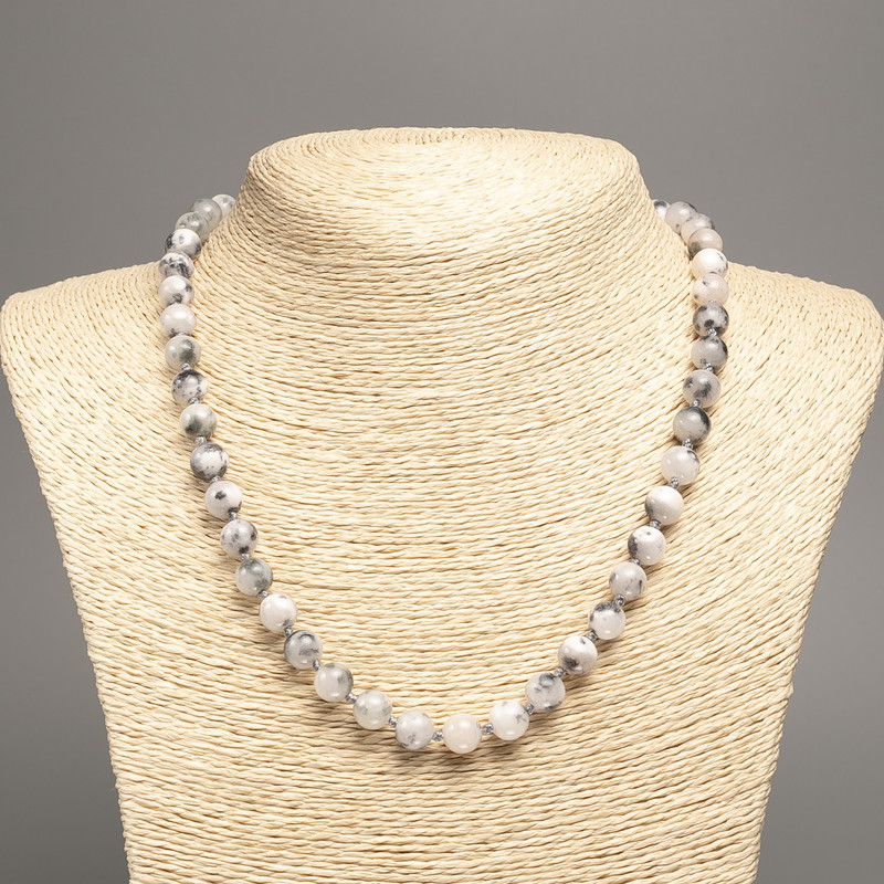 Necklace "Colors of Summer" white-gray smooth beads, diameter 8mm±, length 50cm±, made of white jade (synthetic dyed)