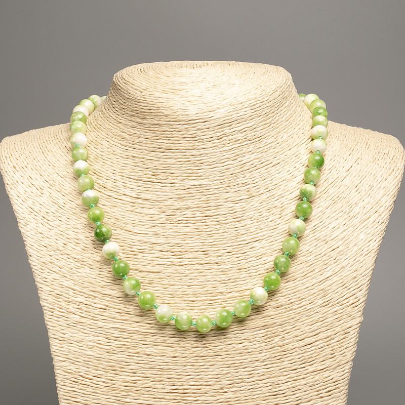 Necklace “Colors of Summer” white-green smooth round beads, 8mm diameter ±, length 50cm ±, made from white jade (synthetic dyed)