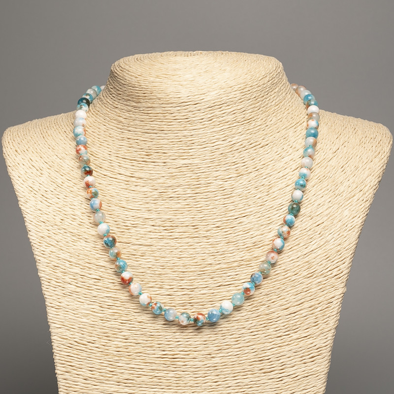 Necklace "Colors of Summer" white-rudal blue smooth beads, diameter 6mm±, length 50cm± with stones white jade (synthetic dyed)