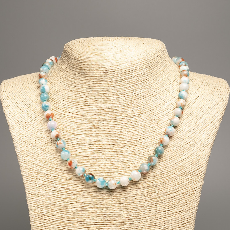 Necklace “Colors of Summer” white-rust blue smooth beads, 8mm diameter, length 50cm, with white jade stones (synthetic dyed)