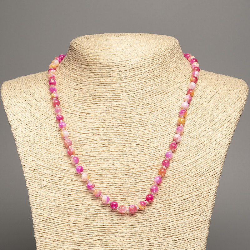 Necklace "Colors of Summer" white-yellow-raspberry smooth beads, 6mm diameter ±, length 50cm ±, made of white jade (synthetic dyed)