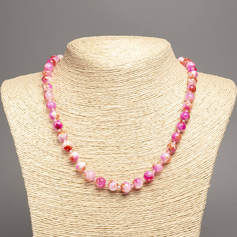 Necklace “Colors of Summer” white-yellow-raspberry smooth beads, diameter 8mm±, length 50cm±, made of white synthetic jade (dyed)
