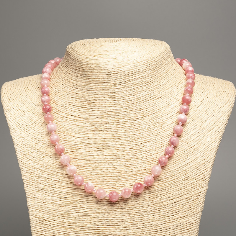 Necklace "Colors of Summer" white-pink smooth beads, diameter 8mm±, length 50cm±, made of white jade (synthetic colored)