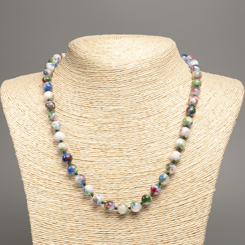 Necklace “Colors of Summer” white blue pink green smooth beads, diameter 8mm+-, length 50cm+-, made of white jade (synthetic dyed)