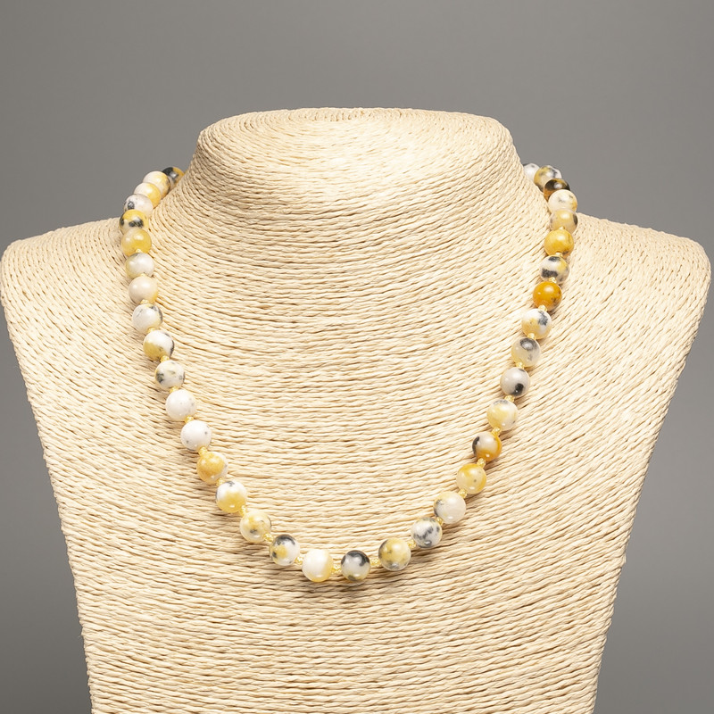 Necklace "Colors of Summer" white-gray-yellow smooth bead, diameter 8mm±, length 50cm±, made of white jade (synthetic dyed)