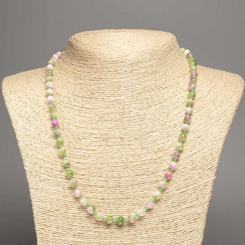 Necklace Barvy of Summer: White-Puchsia-Green Smooth Beads 6mm Diameters, ~50cm Length, on White Jade (Synthetic Dyed)
