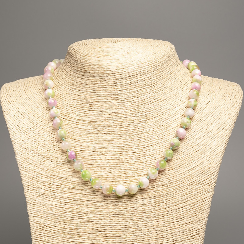Necklace "Colors of Summer" white-pink-green smooth beads, 8mm diameter ±, length 50cm ±, made of white synthetic jade (synthetic-dyed)