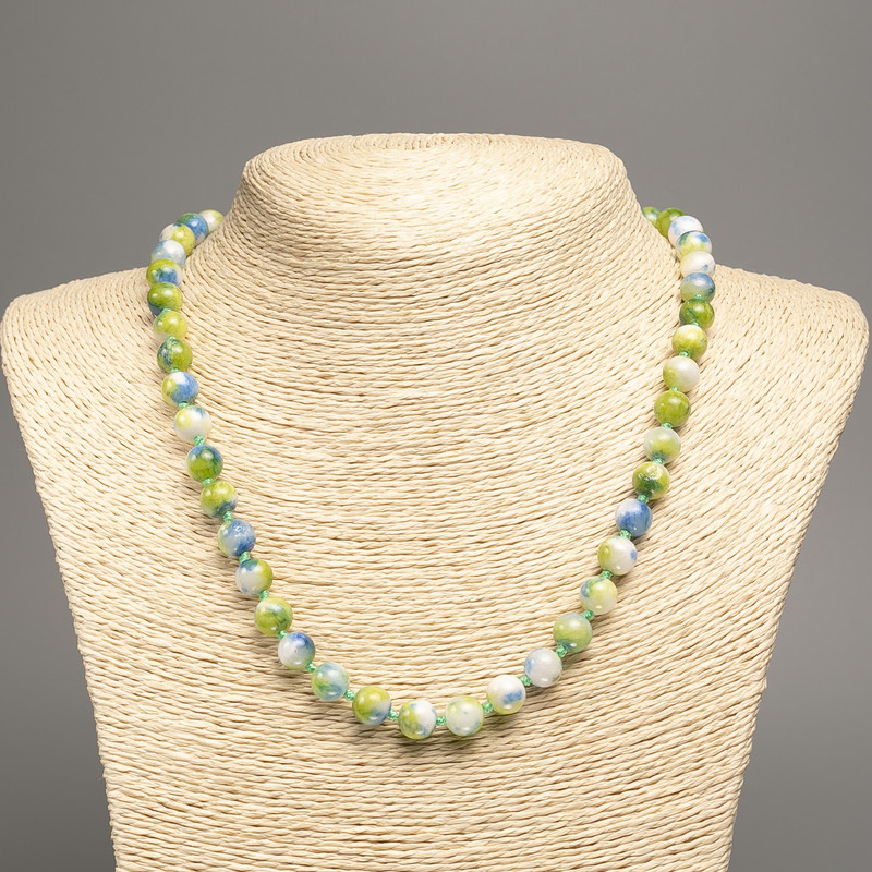 Necklace “Colors of Summer” white-blue-green smooth beads, diameter 8mm±, length 50cm±, made of white jade (synthetic dyed)