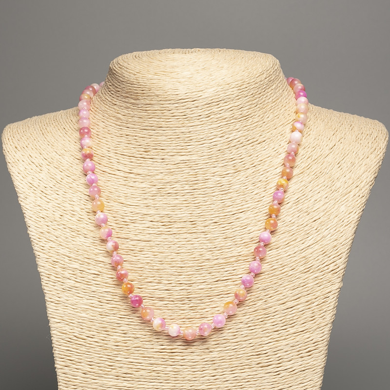 Necklace "Colors of Summer" white-yellow-pink smooth beads, diameter 6mm±, length 50cm±, made of white jade (synthetic dyed)