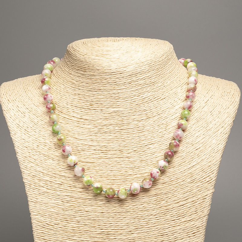 Necklace "Colors of Summer" white-pink-green smooth beads, 8mm diameter, approx. 50 cm long, made of white jade (synthetic dyed)