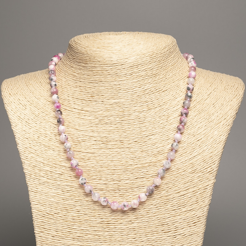 Necklace "Colors of Summer" White–Gray–Pink Smooth Beads, 6mm diameter ±, length 50cm ±, Made of White Synthetic Jade (dyed)