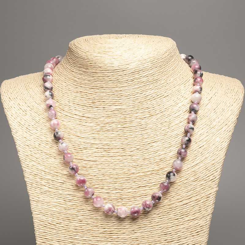 Necklace “Colors of Summer” white-gray-pink smooth beads, diameter 8 mm±, length 50 cm±, made of white jade (synthetic dyed)