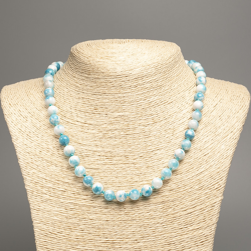 Necklace "Colors of Summer" white-blue smooth beads, 8mm diameter, length 50cm ±, made of white jade (synthetic dyed)