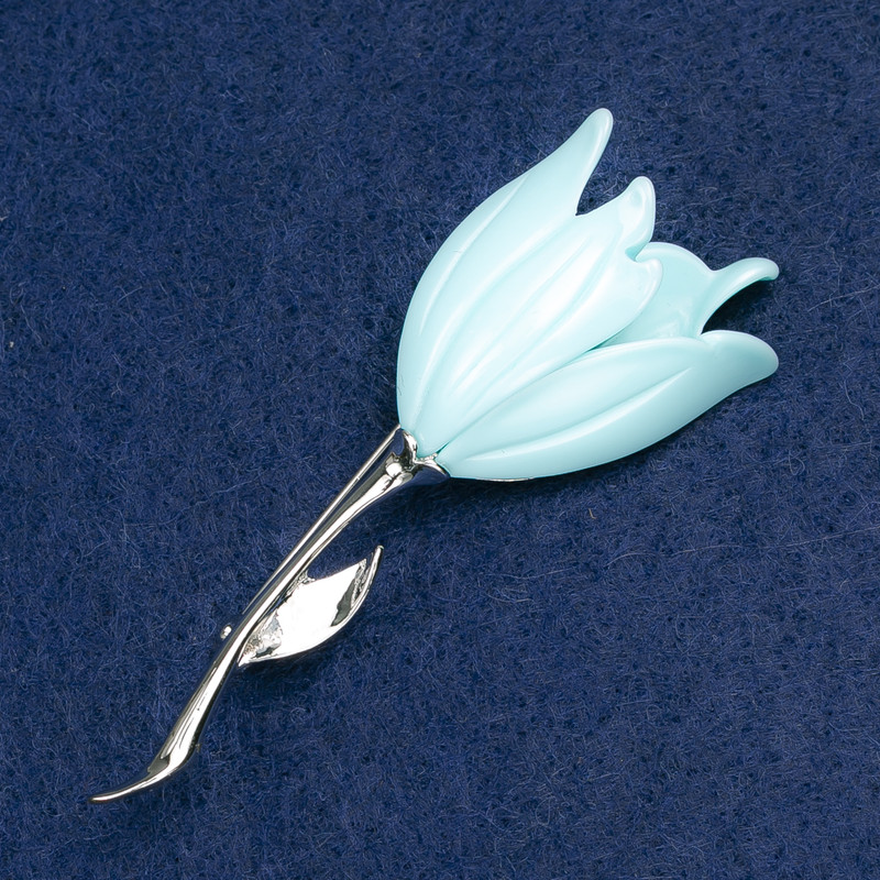 Brooch Flower, blue enamel, silver metal 27x72mm