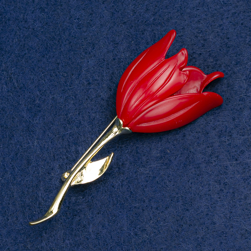 Flower Brooch, red enamel, gold-tone metal 27x72mm